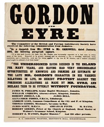 (SLAVERY AND ABOLITION--JAMAICA.) Enormous double broadside on the Morant Bay Uprising titled Gordon and Eyre.